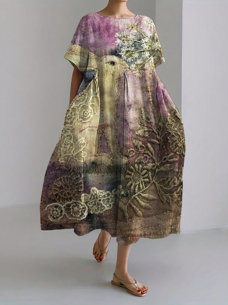 Comstylish Bunny Floral Embroidered Lace Fiber Art Linen Blend Maxi Dress