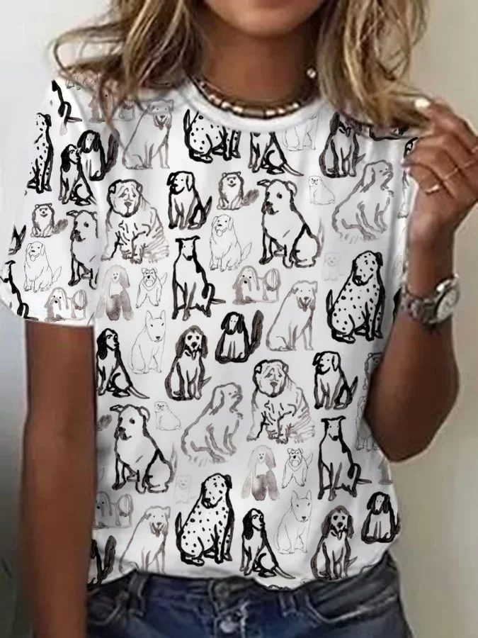 Women's Animal Puppy Print Casual T-Shirt