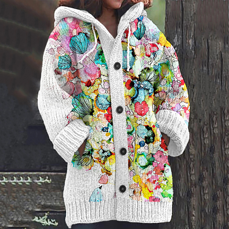 Comstylish Vintage Tie-Dye Floral And Bird Print Cardigan Sweater For Women