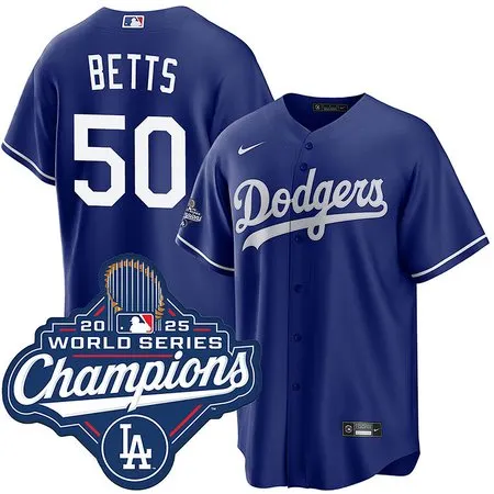 Youth Los Angeles Dodgers #50 Mookie Betts  Royal 2025 World Series Champions Home Replica Jersey