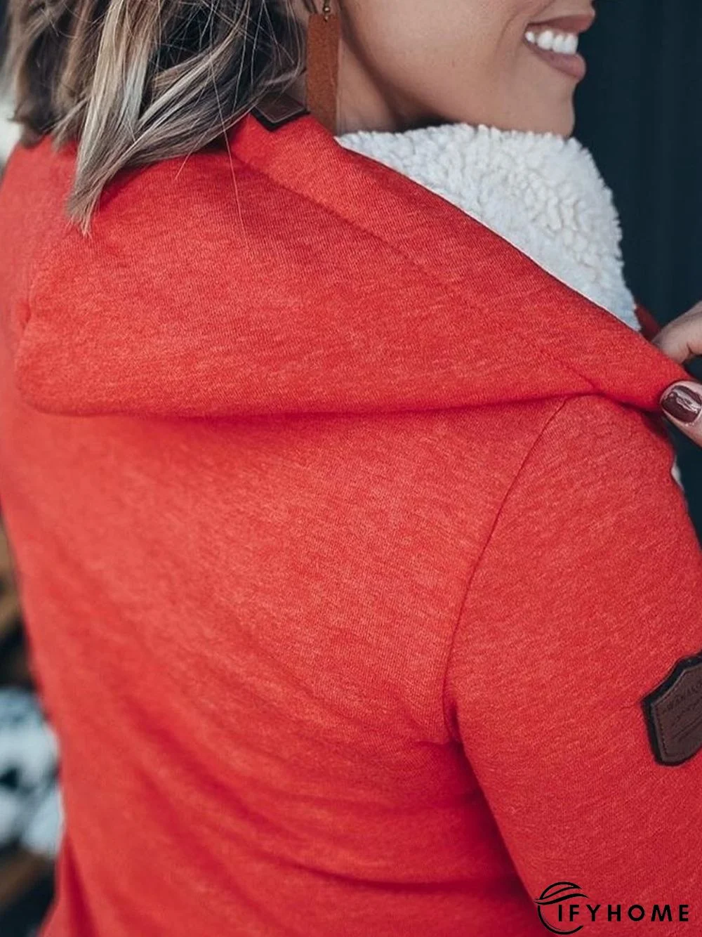 Red Cotton-Blend Long Sleeve Patchwork Hoodie Sweatshirt | IFYHOME