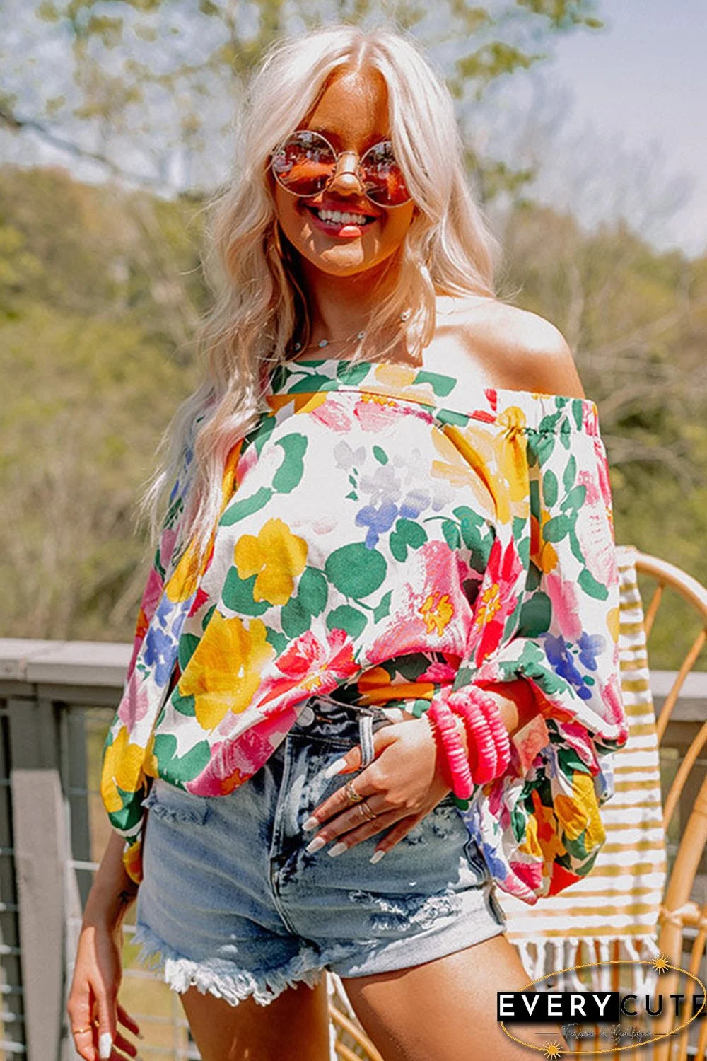 White Water Painting Flowers Sexy Off Shoulder Top