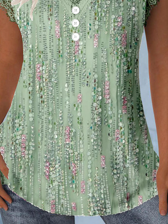 (PRE ORDER)Women Short Sleeve V-neck Polka Dot Printed Graphic Lace ButtonTops