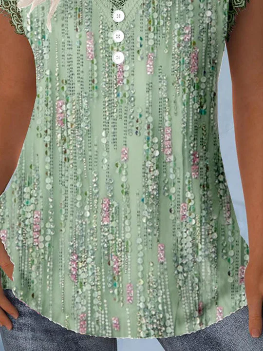 (PRE ORDER)Women Short Sleeve V-neck Polka Dot Printed Graphic Lace ButtonTops