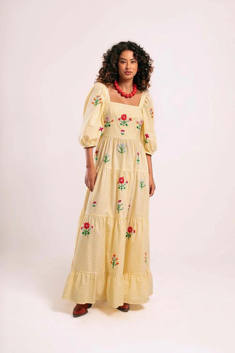 Vacation Style Embroidered Square Neck Bubble Sleeve Swing Dress