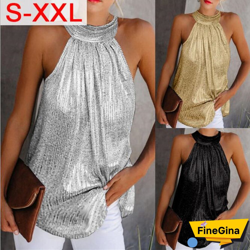 Womens Fashion Shiny Halter Neck Tank Tops Vest Ladies Summer Casual Solid Color Sleeveless T-Shirt Blouse Black Gold Silver