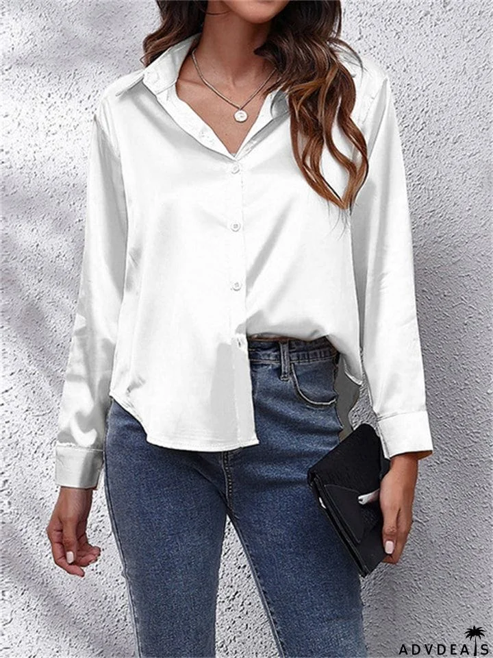 Super Soft Lapel Button Long Sleeve Silky Blouses for Office Lady