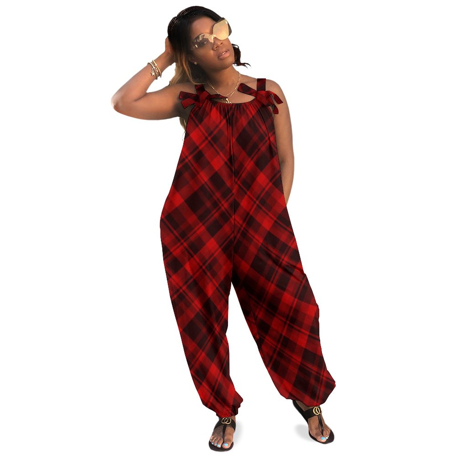 Women Loose Harem Jumpsuit Sleeveless Plus Size Red And Black Buffalo Plaid Christmas Tartan Plus Size Romper Outfit Lingerie Romper Beach Romper Casual Pockets