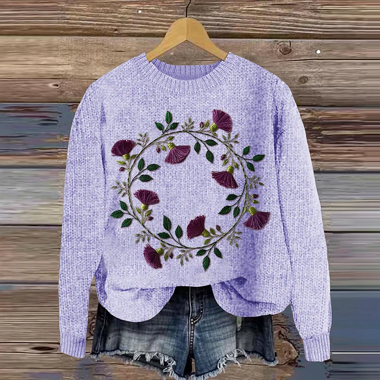 Comstylish Scottish Thistle Floral Embroidery Knit Cozy Sweater
