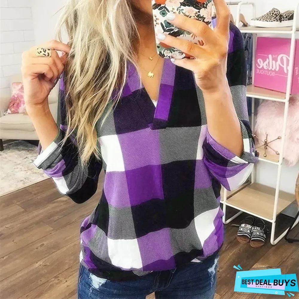 Best Selling Spring and Autumn Shirt Plaid Printed V-Neck Long Sleeve T-Shirt