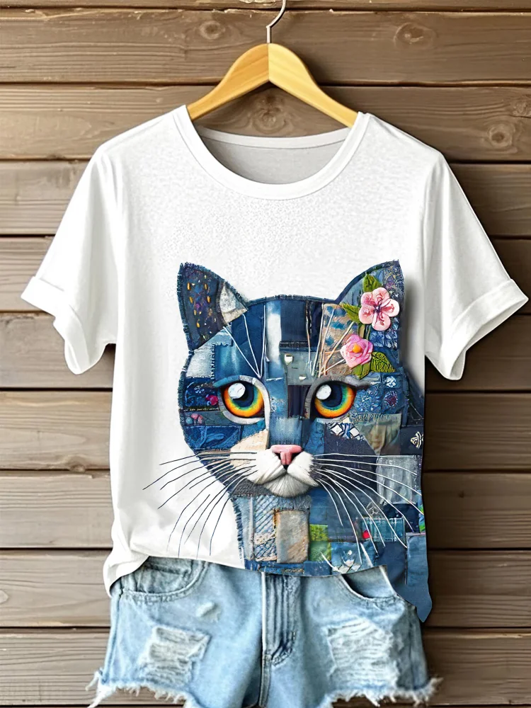 Utbros Women's Denim Cat Portrait Art Print Short Sleeve Casual T-shirt
