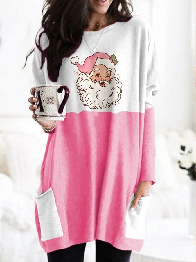 Women's Pink Santa Print Pocket Mini Dress-mysite