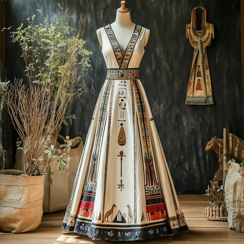 Vintage Egyptian Elements Patchwork Linen Maxi Dress