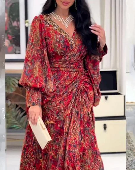 Women's Floral Pattern V Neck Pleated Dress