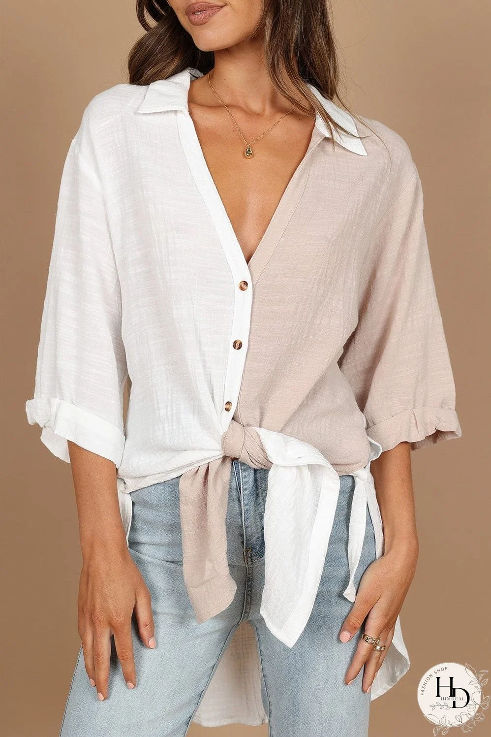 Women's Two-Tone Cotton Linen 3/4 Sleeve Blouse