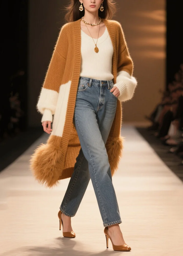 Fitted Coffee Oversized Patchwork Faux Fur Knit Long Cardigans Winter