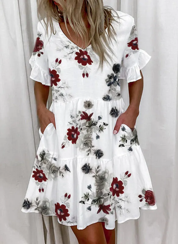 Brownm Regular Sleeve Fashion Short Printed Ruffle Pocket Dress