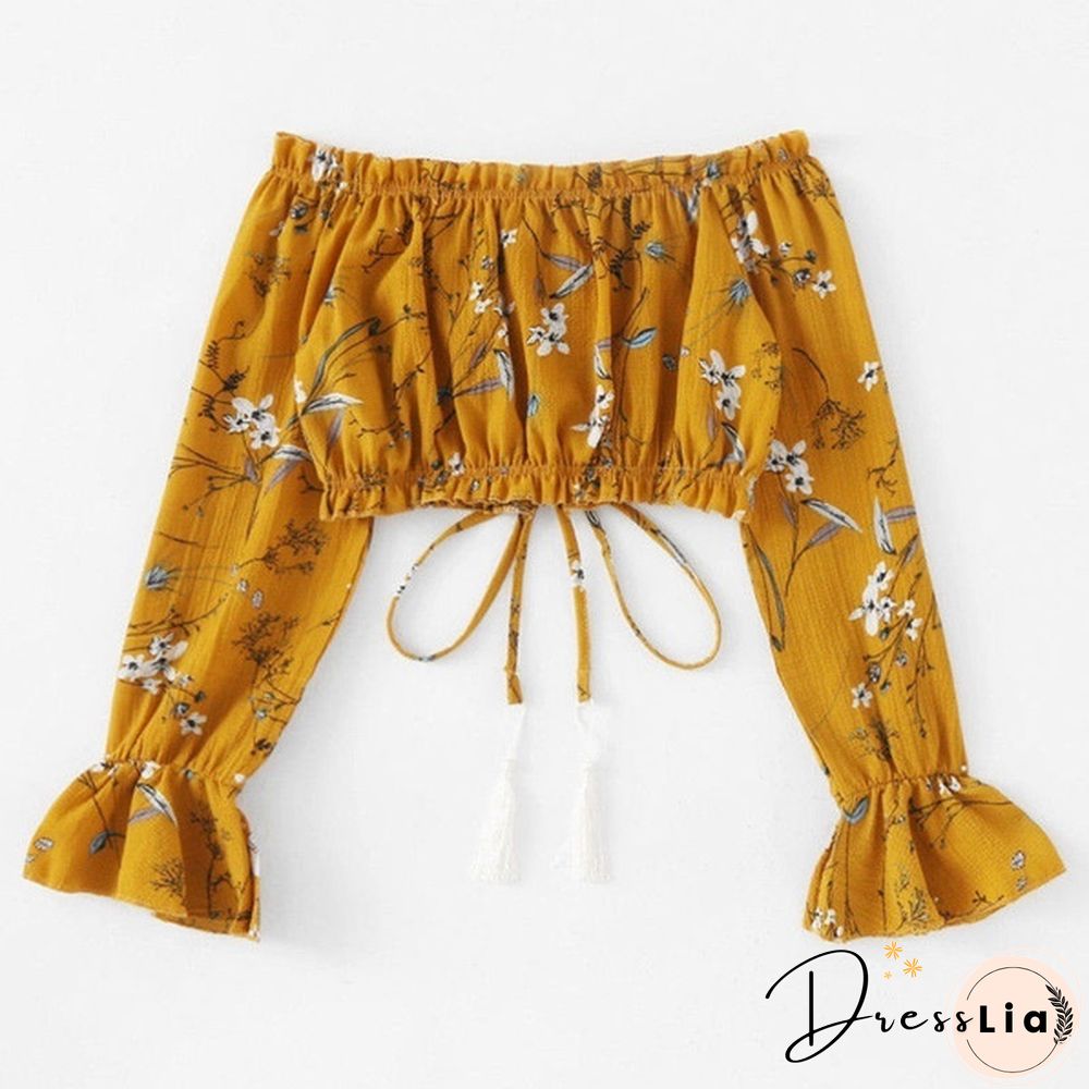 Women's Lace up Bandage Off Shoulder Long Sleeve T-Shirt Crop Tops Blouse Shirt