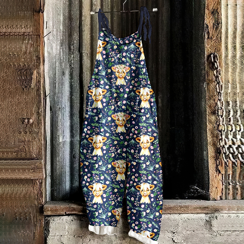 Retro Floral Highland Cattle Pattern Linen Blend Comfy Jumpsuit