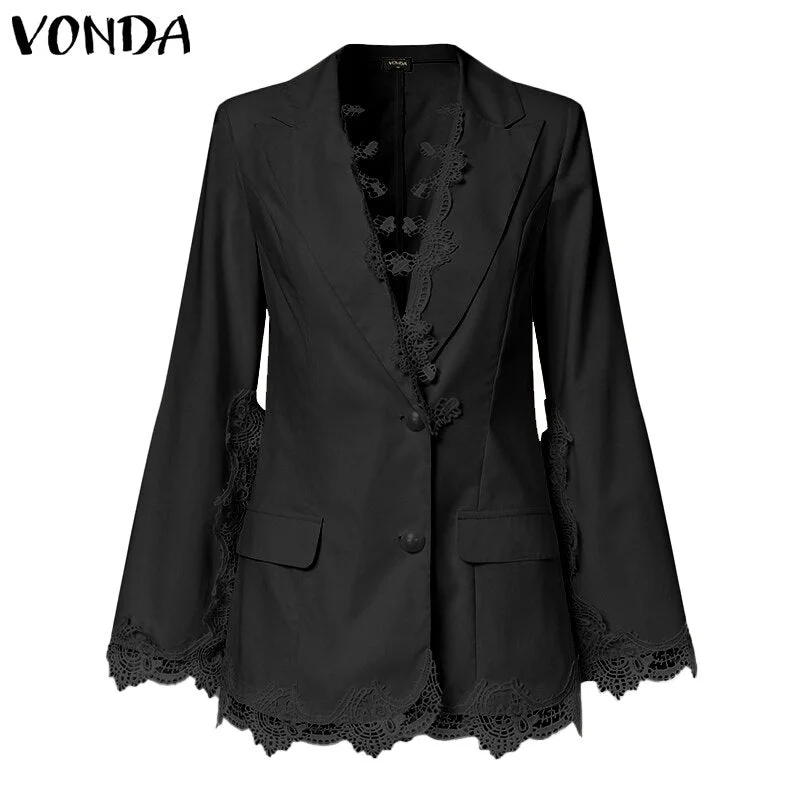 2022 VONDA Women Lapel Suit Blazer Casual Ol Style Blazer Autumn Long Sleeve V Neck Lace Holiday Overcoats Female Oversized