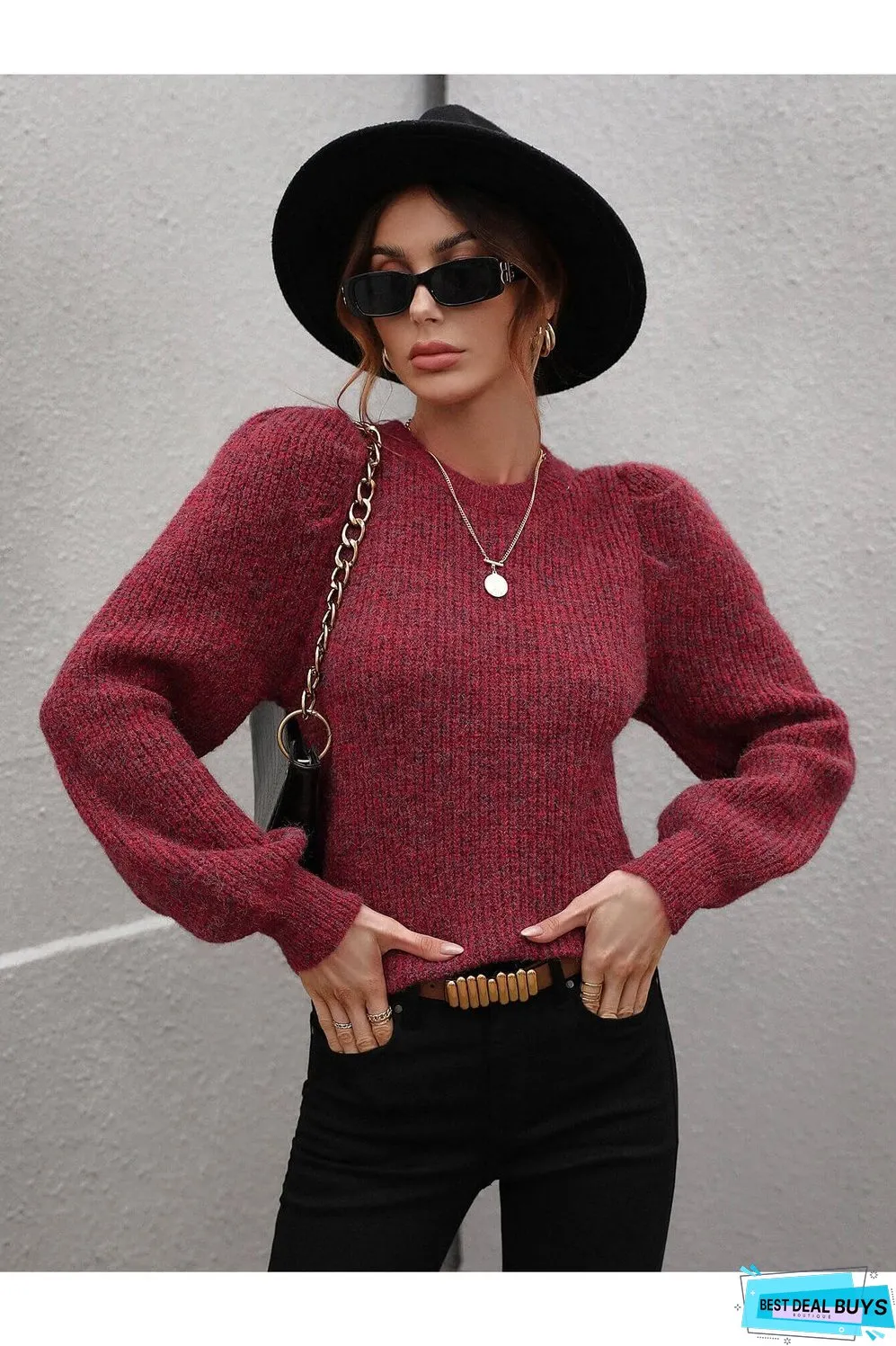 Heathered Long Lantern Sleeve Rib-Knit Sweater