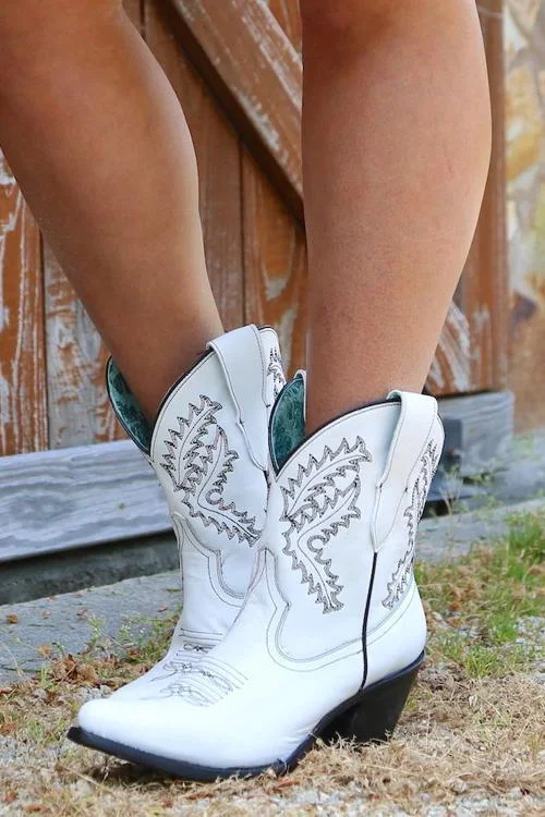 Embroidery Low Heel Slip On Boots