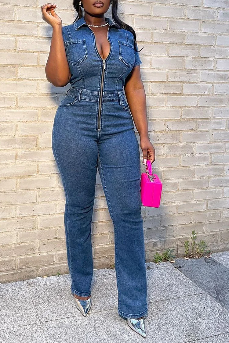 Plus Size Daily Jumpsuit Blue Denim Zipper Slim Fit Jumpsuit [Pre-Order]