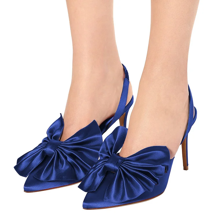 Royal Blue Satin Bow Heels Almond Toe Stiletto Heel Slingback Pumps |FSJ Shoes