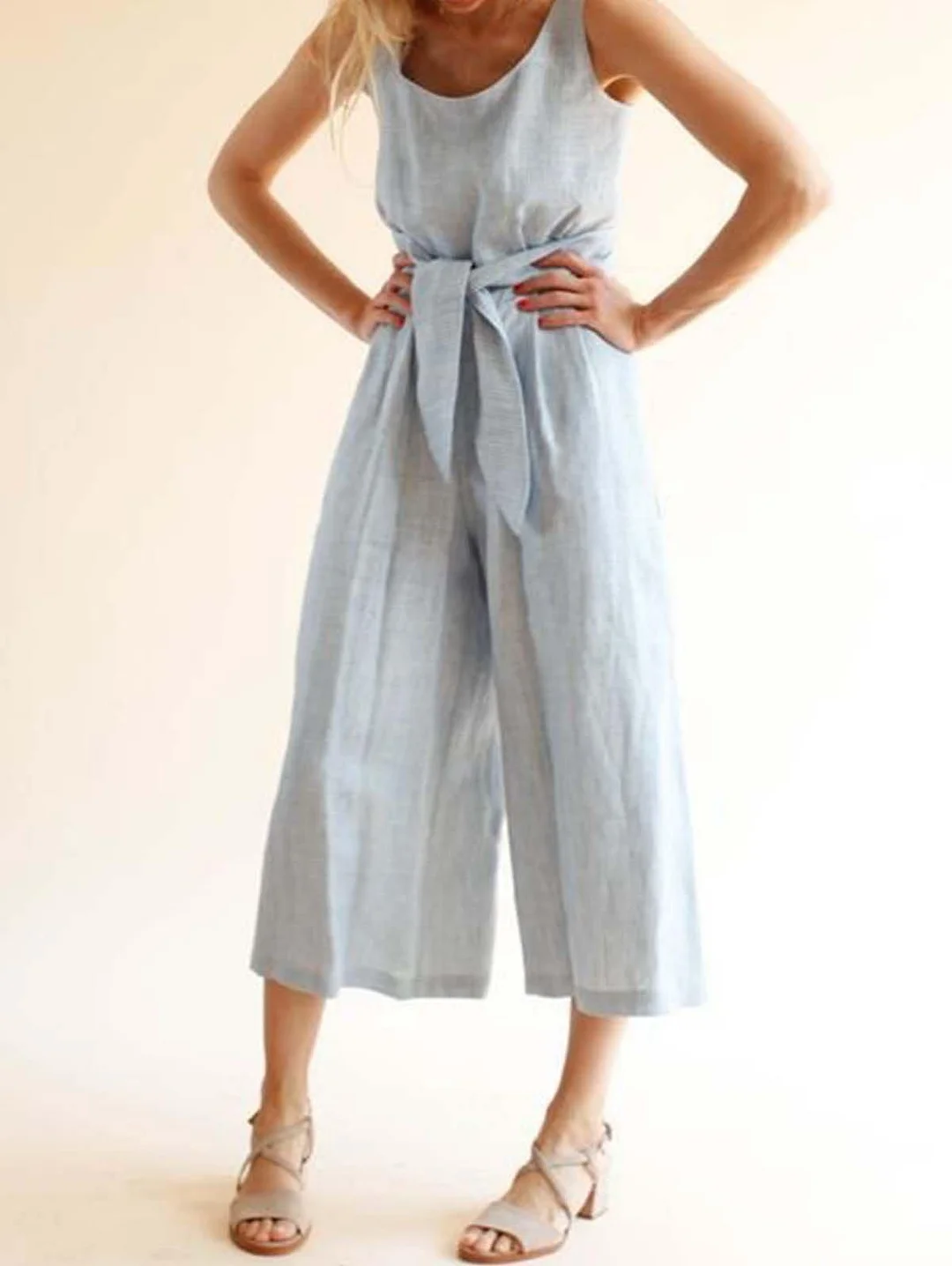 Cotton And Linen Sleeveless Casual Jumpsuit