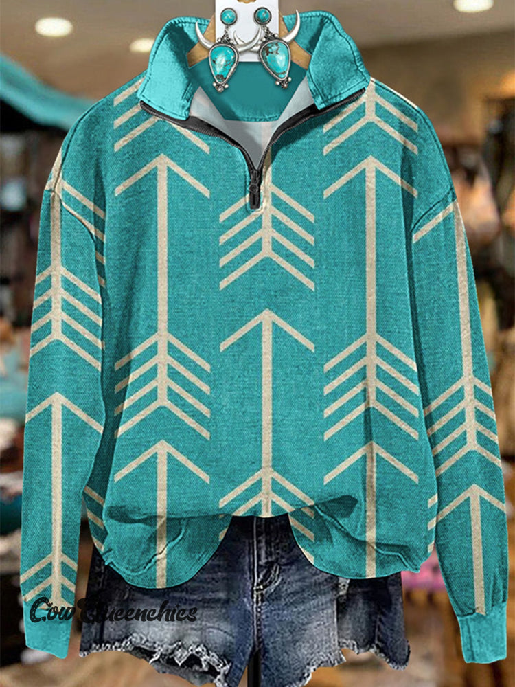 Turquoise Vintage Aztec Arrow Print Casual Long Sleeve Zip Sweatshirt Multicolor / S