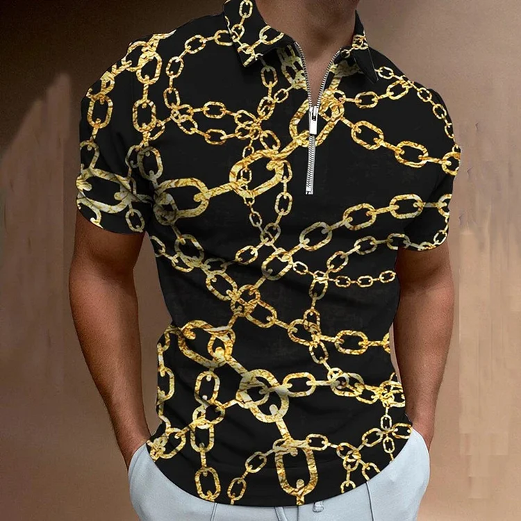 Gold Chain Print Zipper Short-Sleeve Red Tops Men's Polo Shirts at Hiphopee