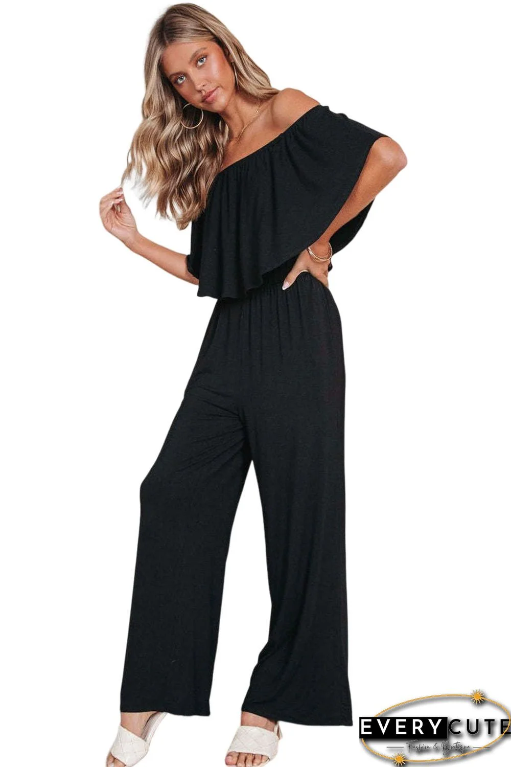 Black Solid Color Off Shoulder Wide Leg Jumpsuit