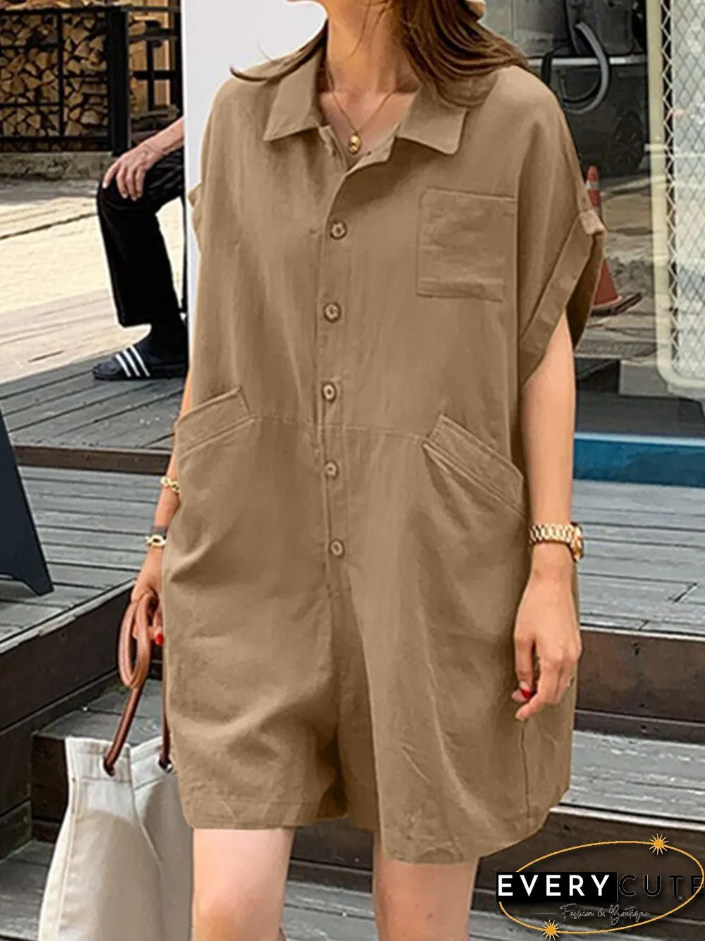 Solid Loose Pocket Button Lapel Short Sleeve Romper