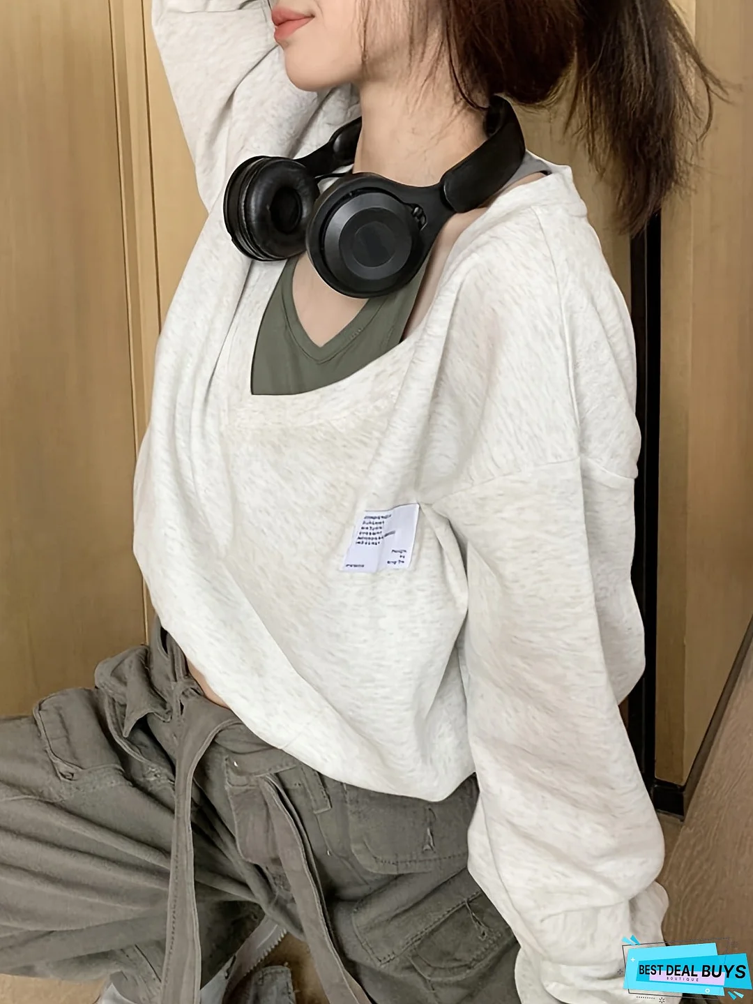 Faux Twinset Patch Pullover Sweatshirt, Casual Long Sleeve Crop Top, Women's Clothing