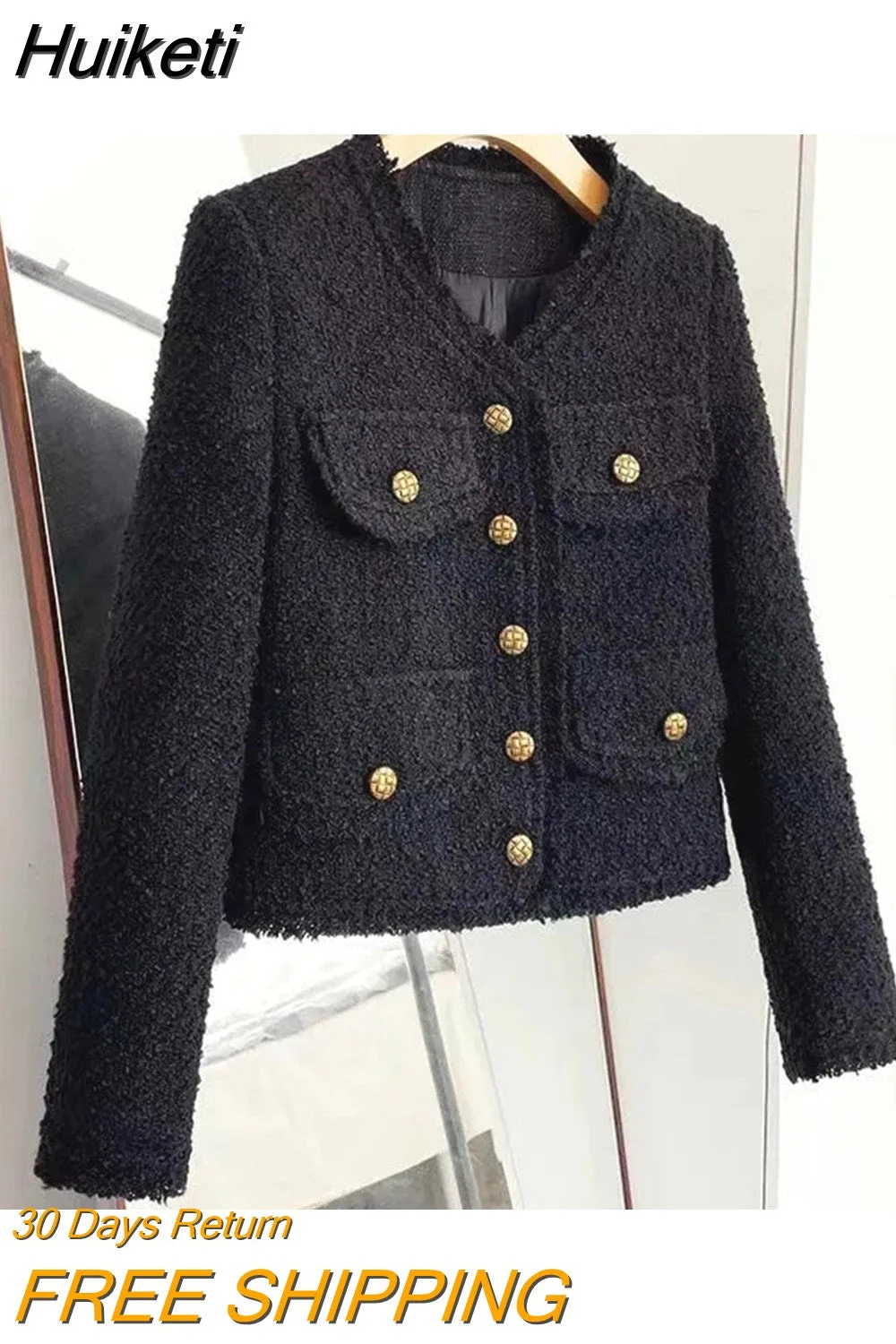 Huiketi Vintage Tassel Women Blends Jacket Korean Button Up V Neck Caots Winter Loose Casual Black Female Outwear