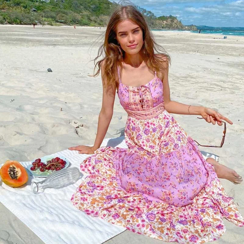 BOHO INSPIRED lilac floral print midi dress women straps  summer dress neck tie sleeveless cute boho dress new ladies dress