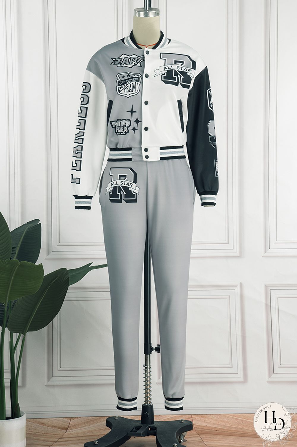 Rose Red Casual Letter Print Patchwork Cardigan O Neck Long Sleeve Two Pieces