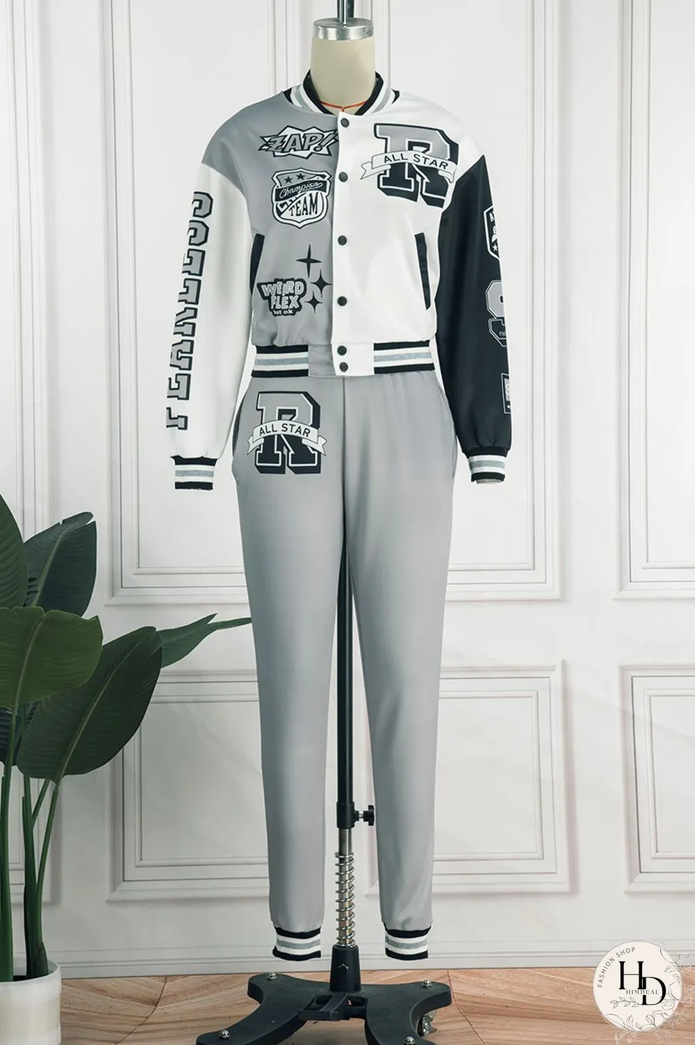 Rose Red Casual Letter Print Patchwork Cardigan O Neck Long Sleeve Two Pieces