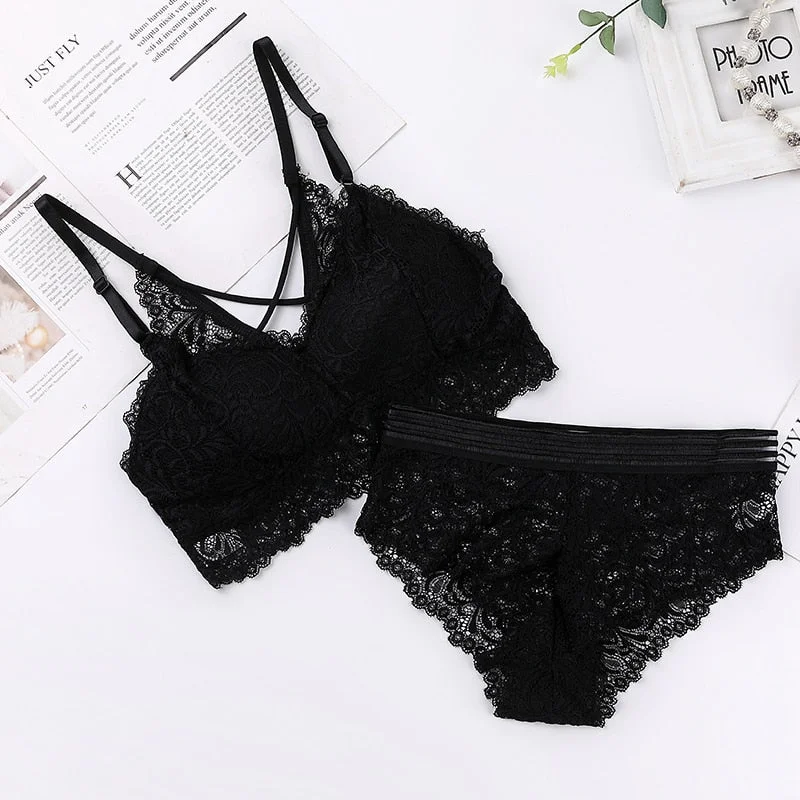 Lace Bra Panty Set Women Sexy Wireless Cross Straps Bra Underwear Set Ladies Push Up Seamless Intimates Bra Briefs Lingerie Sets