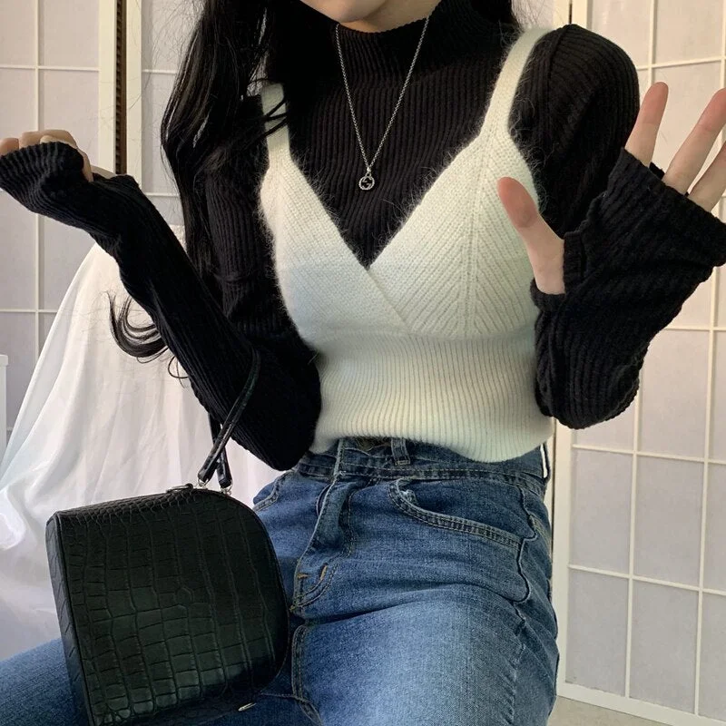 Syiwidii Sweater Women Jumper V Neck Sleeveless Knitted Camis Crop Top Autumn Winter 2021 Outfit Korean Long Sleeve Pullover Top