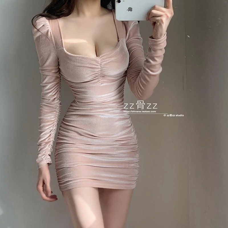 WOMENGAGA 2023 Sweet Lady Temperament Spring Low Square Collar Fold Pencil Buttock  Long Sleeve Women Party Dress Pink U8T