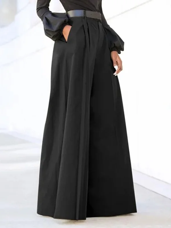 Pleated Solid Color Split-Joint High Waisted Loose Trousers Pants