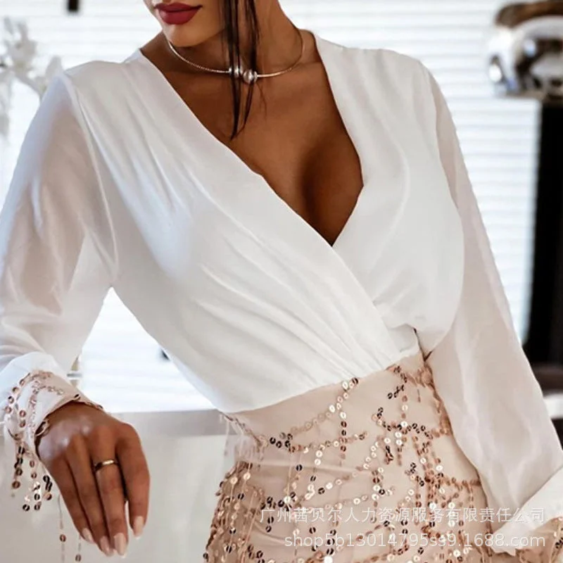 Wedding Guest  Summer Dress  Women Elegant Sequins Evening Bodycon Dress Office Lady Fashion Long Sleeve V Neck High Waist Corset Party Mini Dress