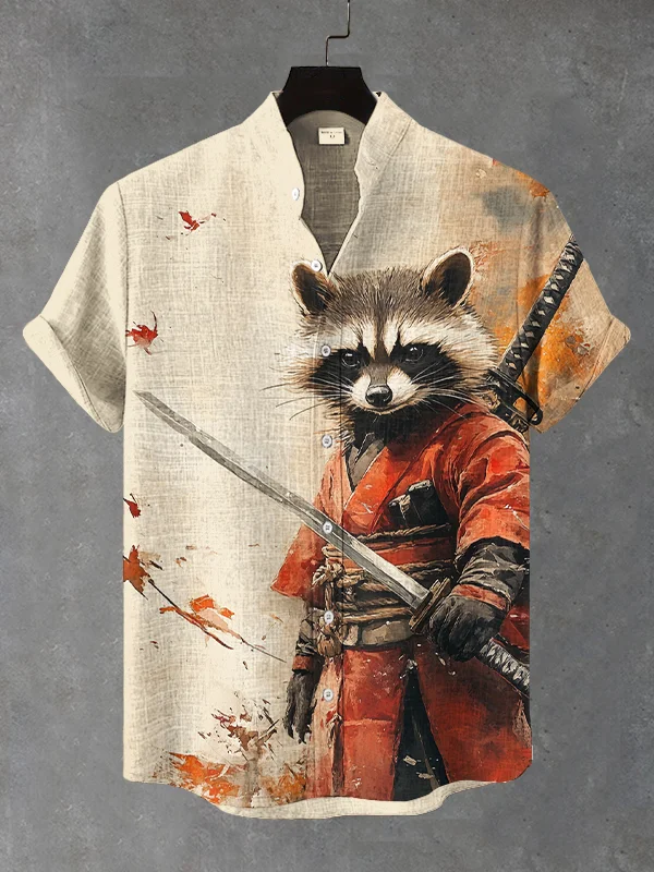 Men's Raccoon Samurai Japanese Art Print Short Sleeve Shirt