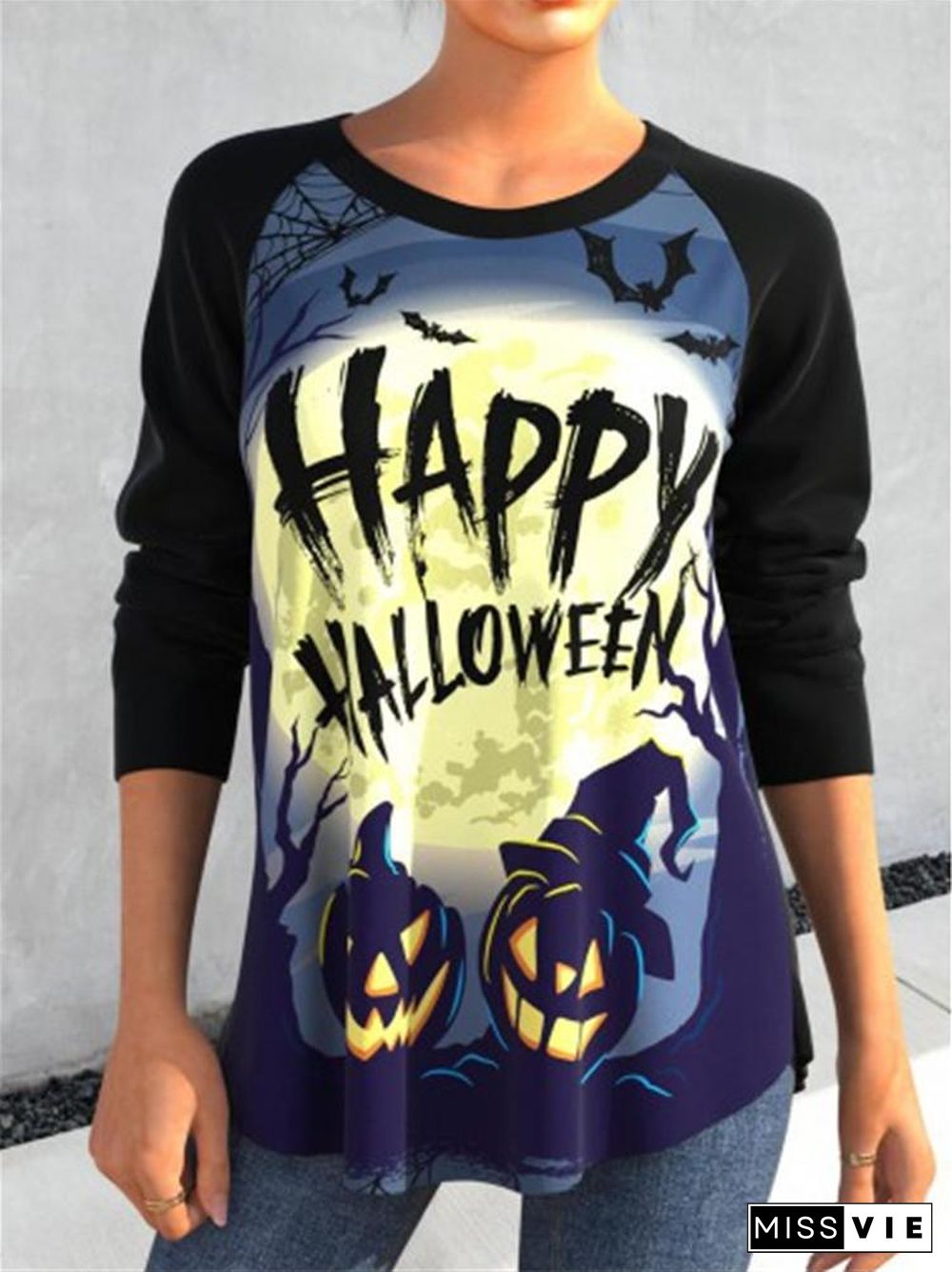 Happy Halloween Print Raglan Sleeve Tee