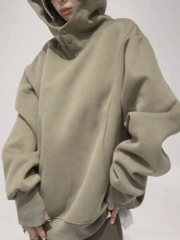 Vintage Button Design Turtle Neck Oversized Hoodie
