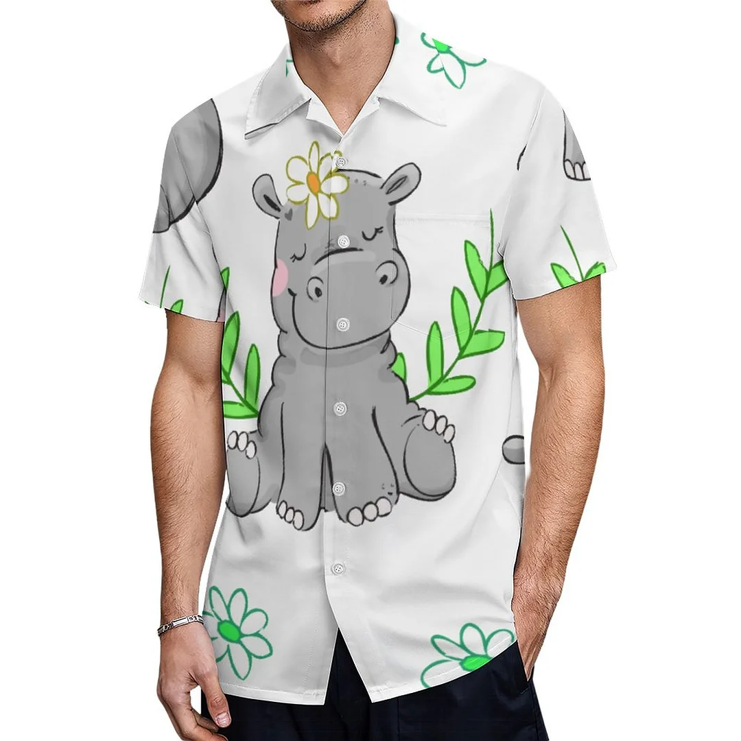Short Sleeve Smlie Happy Hippo With Flower Hawaiian Shirt Mens Button Down Plus Size Tropical Hawaii Beach Shirts