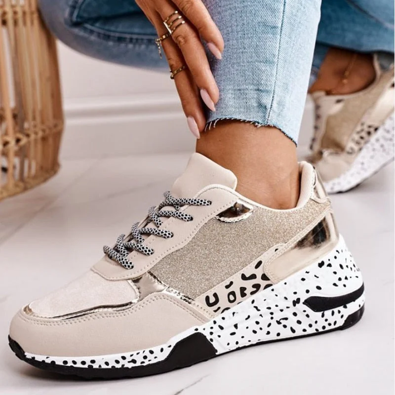 Women's Sneakers Platform Casual Shoes Women Vulcanize Shoes Leopard Ladies Running Shoes Sport Silver Lace-Up Female Sneakers