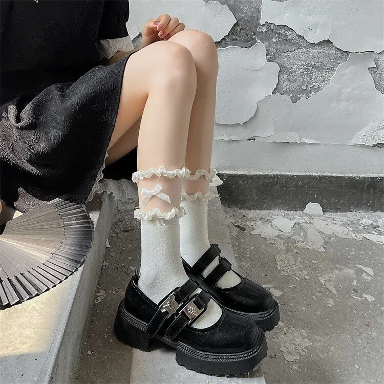 Lolita Socks-Lace Splice Bowknot Middle Tube Stockings