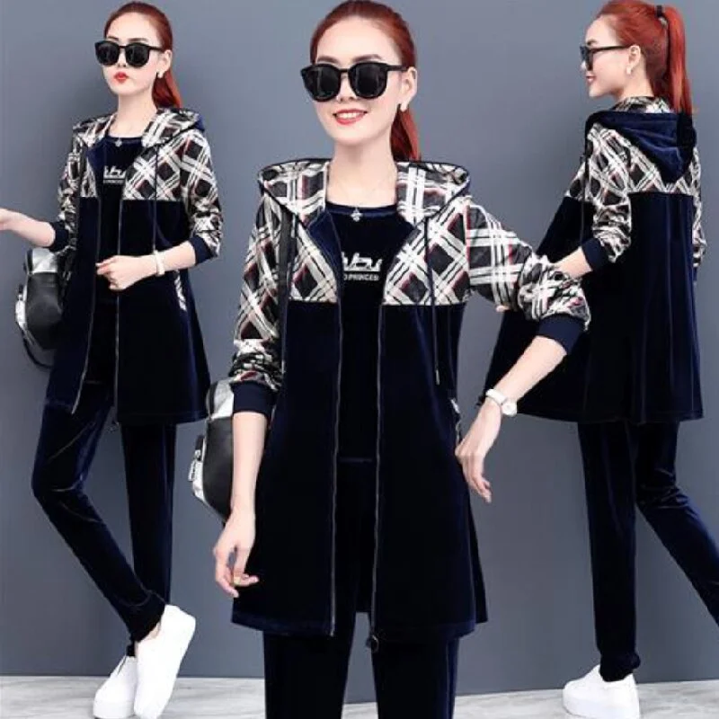 Velvet sports casual suit women long sleeve spring and autumn thin fashion 2021 new three-piece suit temperament fashion